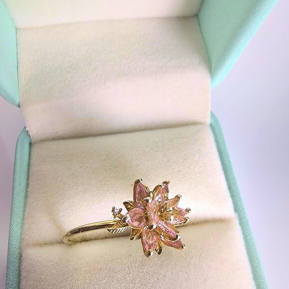 Gold-plated Sterling Silver Lotus Flower Pink Quartz US SZ 7 - Picture 5 of 8